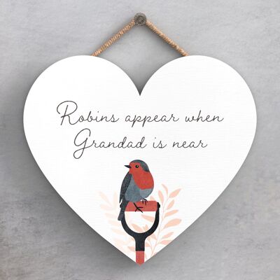 P2571 - A Heart Warming 'Robin Grandad Is Near' Heart Shaped Wooden Hanging Plaque