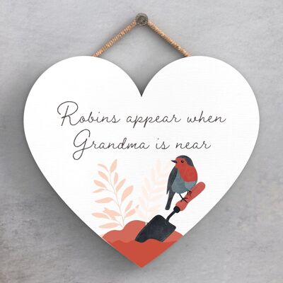 P2572 - A Heart Warming 'Robin Grandma Is Near' Heart Shaped Wooden Hanging Plaque