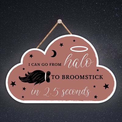 P2592 - Halo To Broomstick Cloud Shaped Witchcraft Themed Halloween Wooden Hanging Plaque