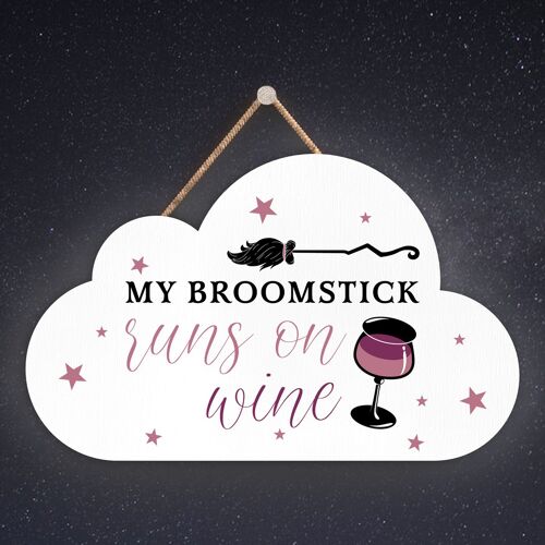 P2596 - Broomstick Runs On Wine Cloud Shaped Witchcraft Themed Halloween Wooden Hanging Plaque