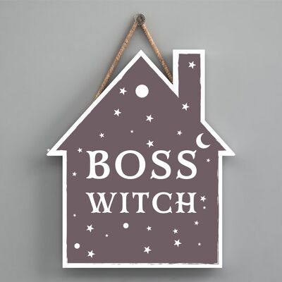 P2625 - Plaque à suspendre en bois sur le thème de la sorcellerie en forme de maison de sorcière patron