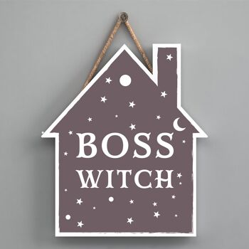 P2625 - Plaque à suspendre en bois sur le thème de la sorcellerie en forme de maison de sorcière patron 1