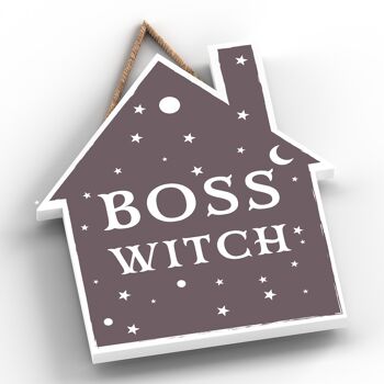P2625 - Plaque à suspendre en bois sur le thème de la sorcellerie en forme de maison de sorcière patron 2