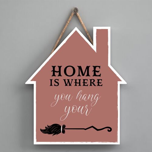 P2631 - Home Hang Broomstick House Shaped Witchcraft Themed Halloween Wooden Hanging Plaque