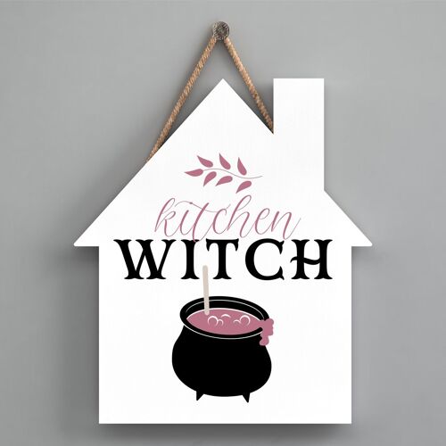 P2635 - Kitchen Witch Cauldron House Shaped Witchcraft Themed Halloween Wooden Hanging Plaque
