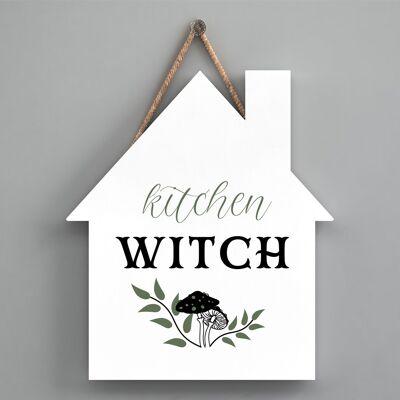 P2636 - Plaque à suspendre en bois sur le thème de la sorcellerie en forme de maison de champignons de sorcière de cuisine