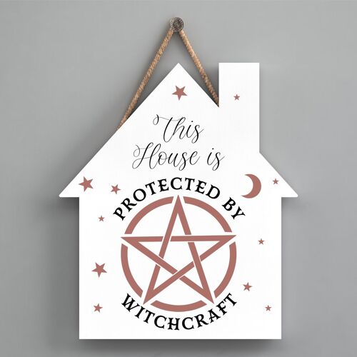 P2638 - Protected By Witchcraft House Shaped Witchcraft Themed Halloween Wooden Hanging Plaque