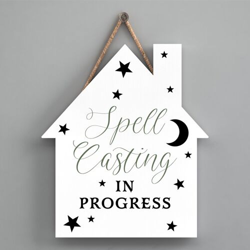 P2640 - Spell Casting House Shaped Witchcraft Themed Halloween Wooden Hanging Plaque