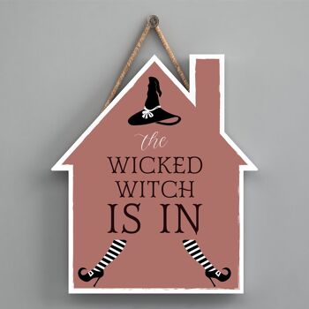 P2641 - La méchante sorcière est dans la maison en forme de sorcellerie sur le thème de la sorcellerie à suspendre en bois 1