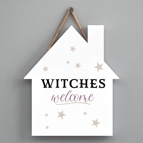 P2644 - Witches Welcome House Shaped Witchcraft Themed Halloween Wooden Hanging Plaque