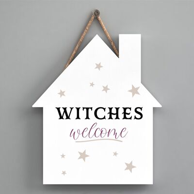 P2644 - Plaque à suspendre en bois sur le thème de la sorcellerie en forme de maison de bienvenue des sorcières