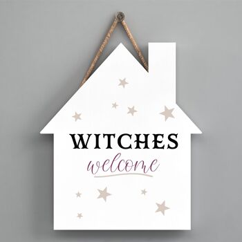 P2644 - Plaque à suspendre en bois sur le thème de la sorcellerie en forme de maison de bienvenue des sorcières 1