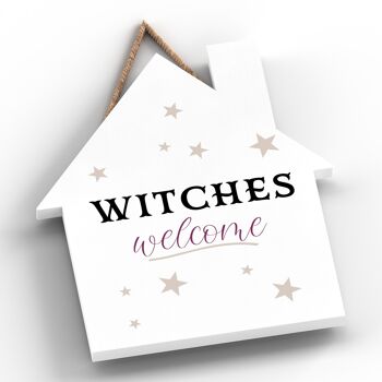 P2644 - Plaque à suspendre en bois sur le thème de la sorcellerie en forme de maison de bienvenue des sorcières 2