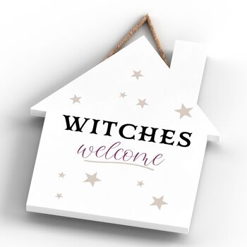 P2644 - Plaque à suspendre en bois sur le thème de la sorcellerie en forme de maison de bienvenue des sorcières 4