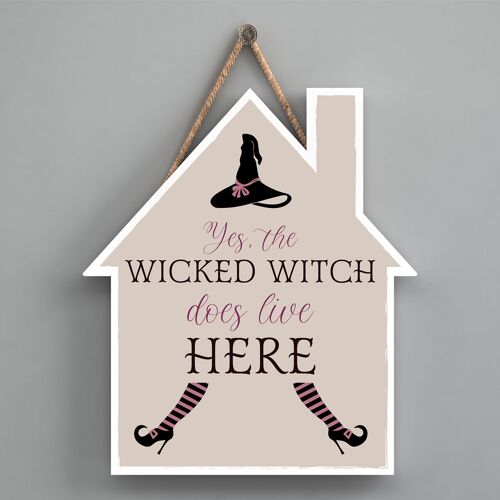 P2645 - Wicked Witch Lives Here House Shaped Witchcraft Themed Halloween Wooden Hanging Plaque