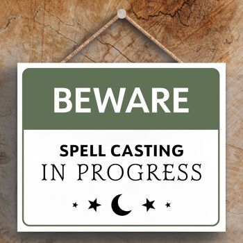 P2648 - Plaque à suspendre en bois sur le thème de la sorcellerie Rectangle Beware Spell 1