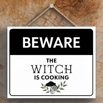 P2649 - Beware Witch Cooking Rectangle Witchcraft Thème Halloween Plaque à suspendre en bois 1