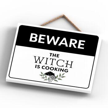 P2649 - Beware Witch Cooking Rectangle Witchcraft Thème Halloween Plaque à suspendre en bois 4