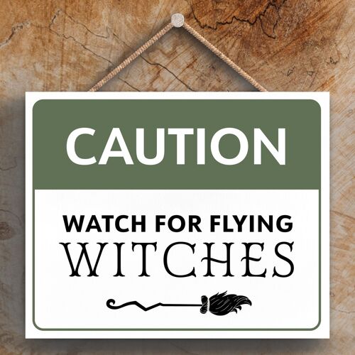 P2650 - Caution Flying Witches Rectangle Witchcraft Themed Halloween Wooden Hanging Plaque