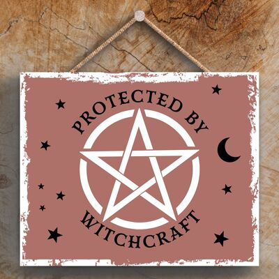 P2652 – Protected By Witchcraft Rechteckige Hexerei-Themen-Halloween-Plakette zum Aufhängen aus Holz