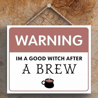 P2654 - Targa da appendere in legno di Halloween a tema stregoneria rettangolo di avvertimento buona strega