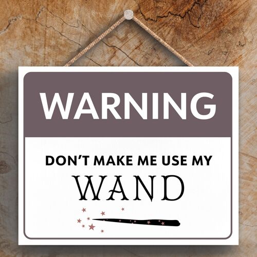 P2653 - Warning Wand Rectangle Witchcraft Themed Halloween Wooden Hanging Plaque