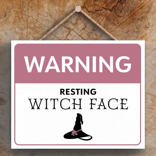 P2655 - Warning Resting Witch Face Rectangle Witchcraft Themed Halloween Wooden Hanging Plaque