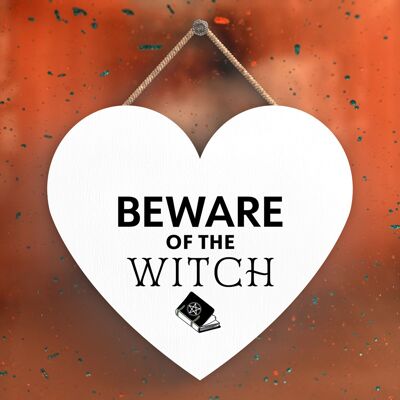 P2699 - Beware Witch Heart Shaped Witchcraft Themed Halloween Wooden Hanging Plaque