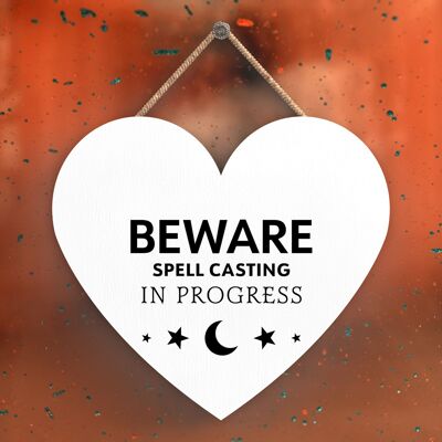 P2700 - Beware Spell Heart Shaped Witchcraft Themed Halloween Wooden Hanging Plaque