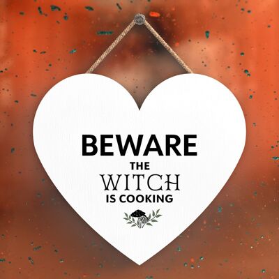 P2701 - Beware Witch Cooking Heart Shaped Witchcraft Themed Halloween Wooden Hanging Plaque