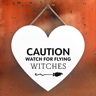 P2706 - Caution Flying Witches Heart Shaped Witchcraft Themed Halloween Wooden Hanging Plaque