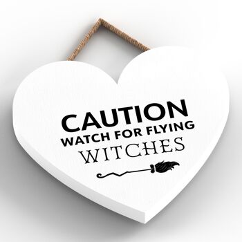 P2706 - Attention Sorcières volantes en forme de cœur sur le thème de la sorcellerie Halloween Plaque à suspendre en bois 2