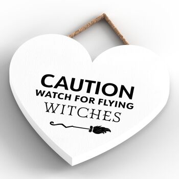 P2706 - Attention Sorcières volantes en forme de cœur sur le thème de la sorcellerie Halloween Plaque à suspendre en bois 4
