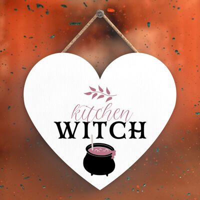 P2719 - Kitchen Witch Heart Shaped Witchcraft Themed Halloween Wooden Hanging Plaque