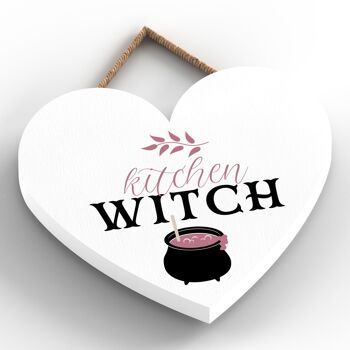 P2719 - Plaque à suspendre en bois sur le thème de la sorcellerie en forme de coeur de sorcière de cuisine 2