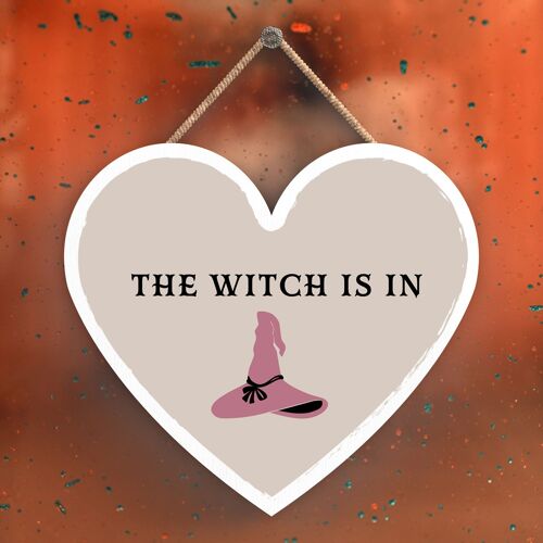 P2728 - Witch Is In Heart Shaped Witchcraft Themed Halloween Wooden Hanging Plaque