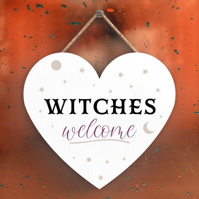 P2737 – Witches Welcome Herzförmige Hexerei-Themen-Halloween-Plakette zum Aufhängen aus Holz
