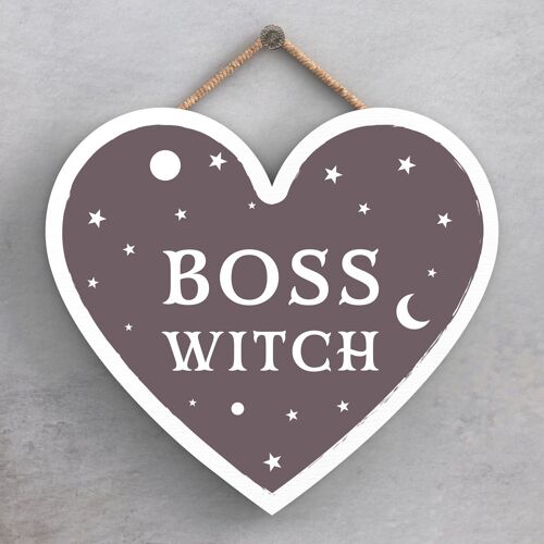 P2787 - Boss Witch Heart Shaped Witchcraft Themed Halloween Wooden Hanging Plaque