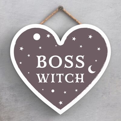 P2787 - Boss Witch Heart Shaped Witchcraft Themed Halloween Wooden Hanging Plaque