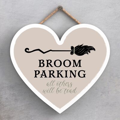 P2789 - Broom Parking Heart Shaped Witchcraft Themed Halloween Wooden Hanging Plaque