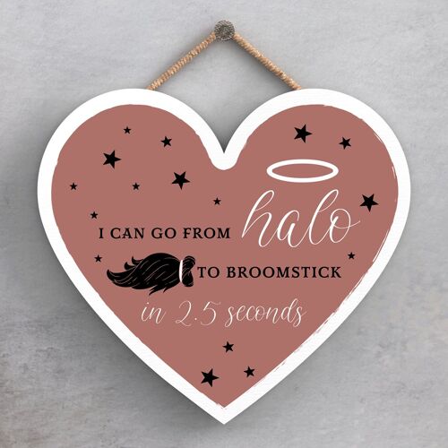 P2798 - Halo To Broomstick Heart Shaped Witchcraft Themed Halloween Wooden Hanging Plaque