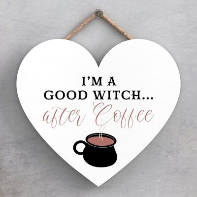P2800 - Good Witch After Coffee Heart Shaped Witchcraft Themed Halloween Wooden Hanging Plaque