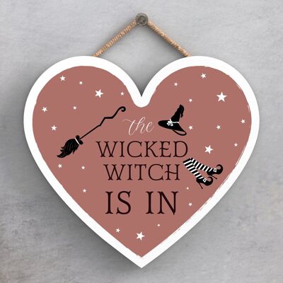 P2813 - Plaque à suspendre en bois sur le thème de la sorcellerie en forme de cœur de méchante sorcière
