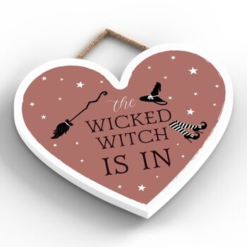 P2813 - Plaque à suspendre en bois sur le thème de la sorcellerie en forme de cœur de méchante sorcière 2