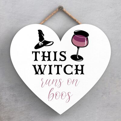 P2816 - Runs On Boos Heart Shaped Witchcraft Themed Halloween Wooden Hanging Plaque