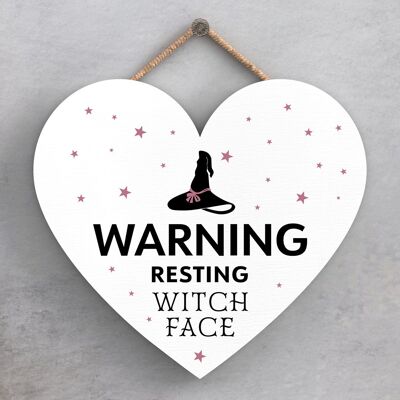 P2819 - Resting Witch Face Heart Shaped Witchcraft Themed Halloween Wooden Hanging Plaque