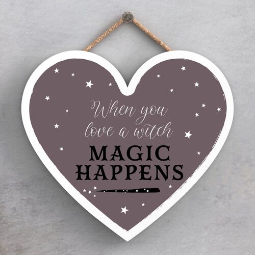 P2820 - When You Love A Witch Heart Shaped Witchcraft Themed Halloween Wooden Hanging Plaque