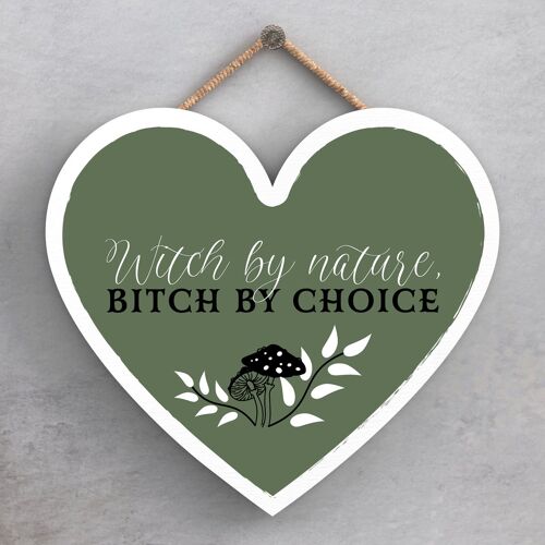 P2821 - Witch By Nature Heart Shaped Witchcraft Themed Halloween Wooden Hanging Plaque