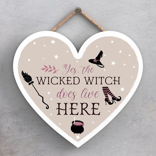 P2825 - Wicked Witch Heart Shaped Witchcraft Themed Halloween Wooden Hanging Plaque