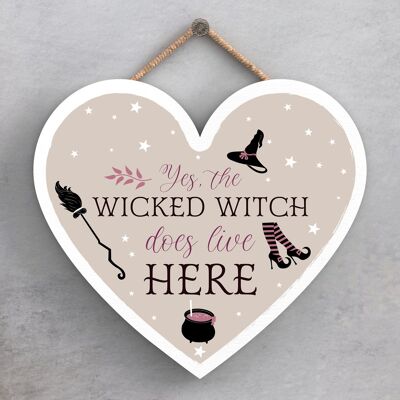 P2825 - Plaque à suspendre en bois sur le thème de la sorcellerie en forme de cœur de méchante sorcière